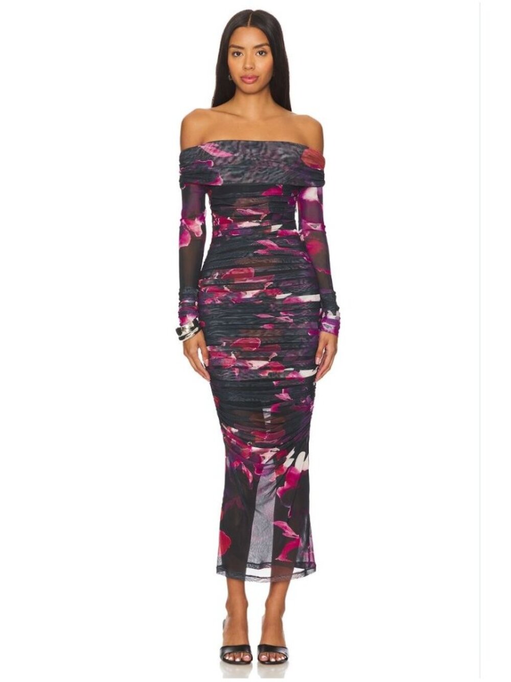 NICHOLAS Oaklyn Off Shoulder Shirred Midi Dress Blur Floral Magenta NWT - Size 2